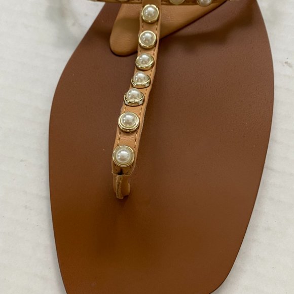 Zara Brown Thong Pearl Detail Sandals Size 41 - Picture 5 of 6
